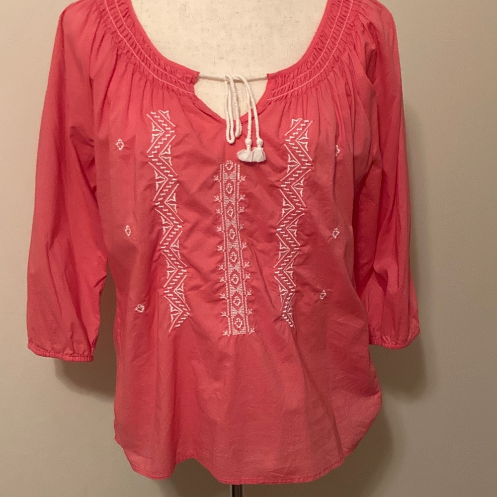 Women's Pink Embroidered Peasant Top
